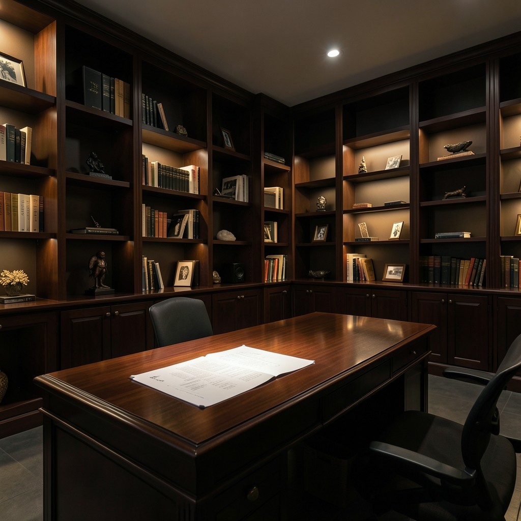 Quiet Bangkok studio interior with dark wood desks and donor report drafts