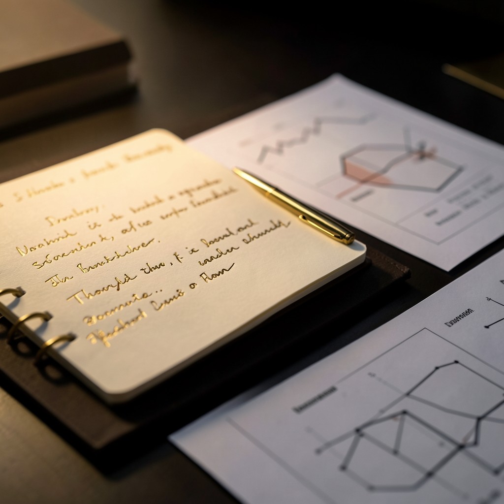 Handwritten indicator shortlist beside printed donor charts on dark paper