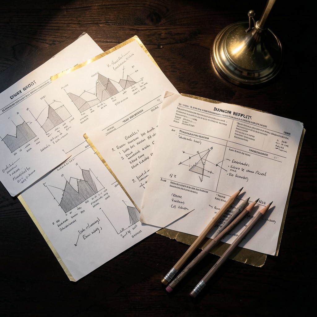 Printed impact charts and annotated donor report pages arranged on a dark desk