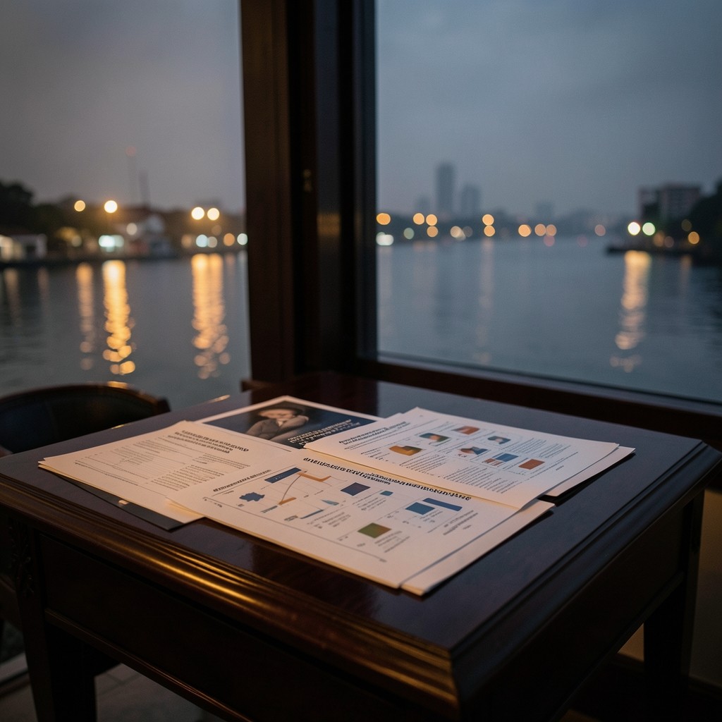 Evening light over a quiet Bangkok riverside workspace with printed donor charts on a dark wood table