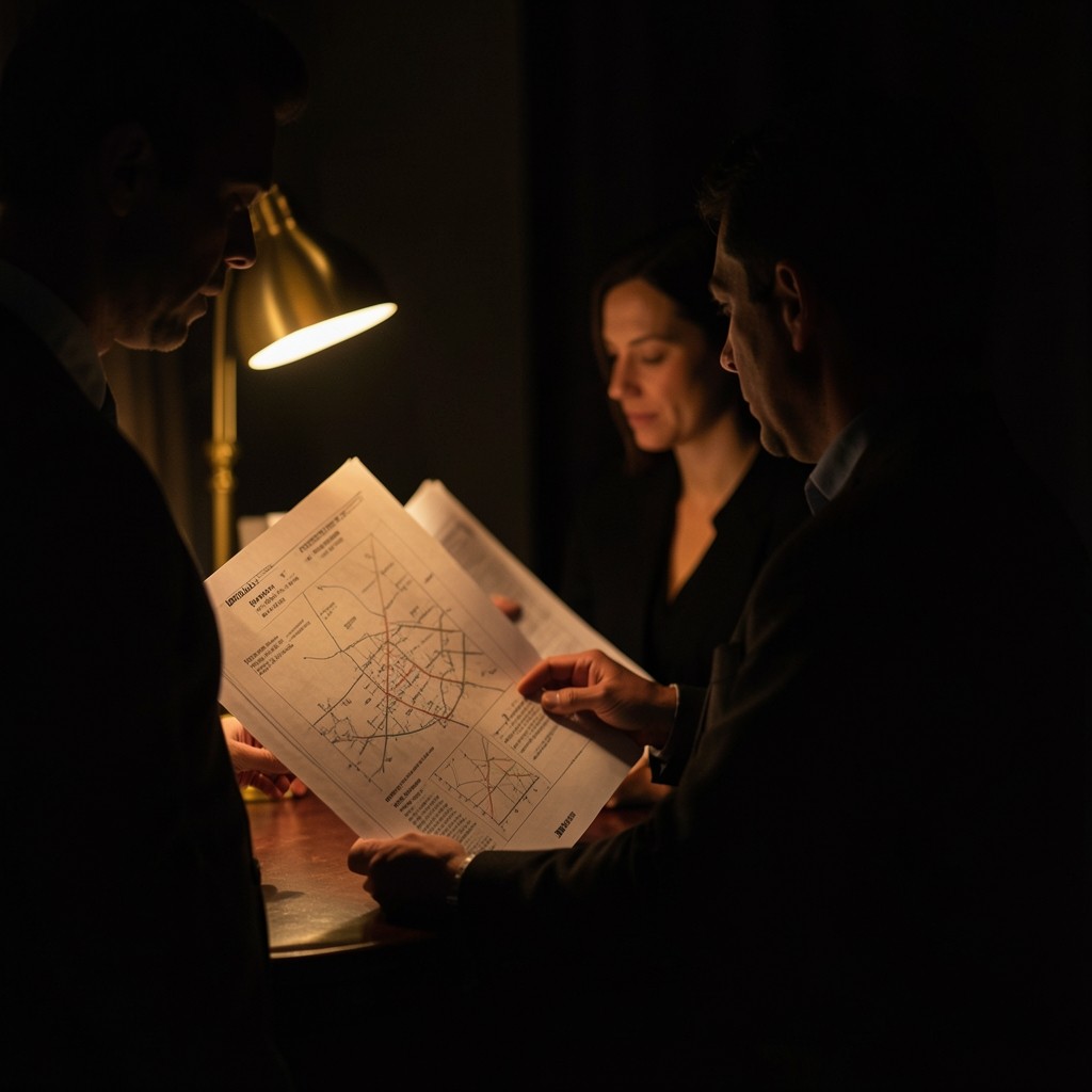 Cinematic view of designers reviewing indicator maps under warm low light