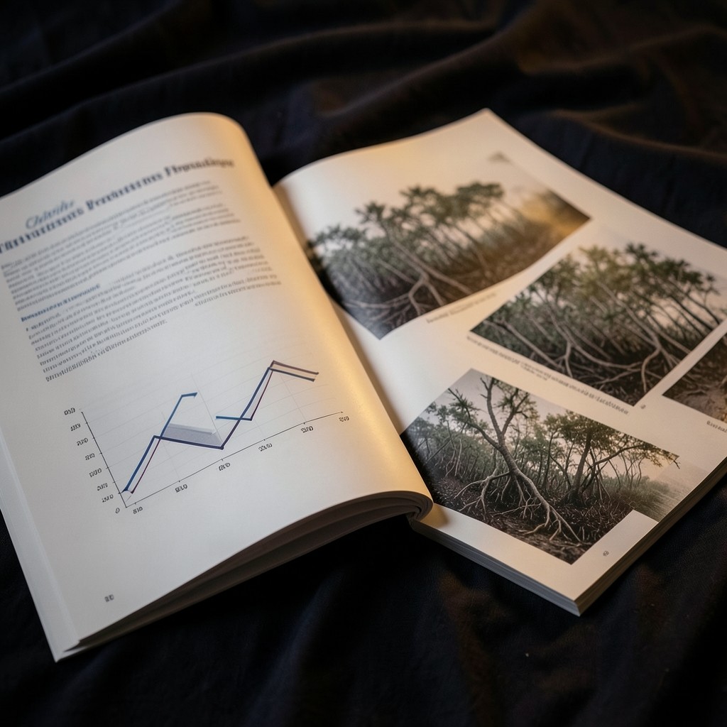 Coastal program report pages with survival charts resting beside field photographs