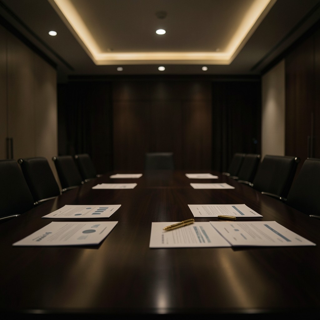 Board packet pages with restrained charts on a dark conference table