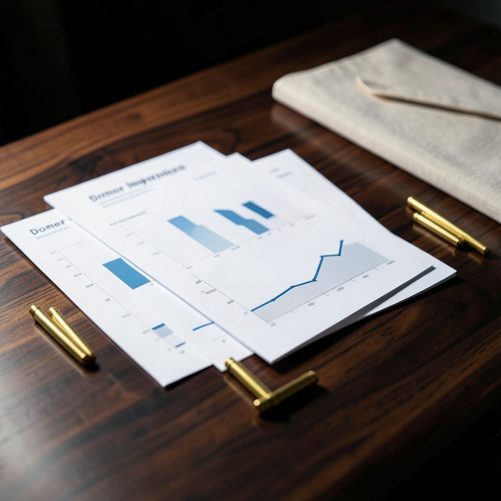 Dark wood table with carefully arranged donor impact dashboard printouts and gold accent markers
